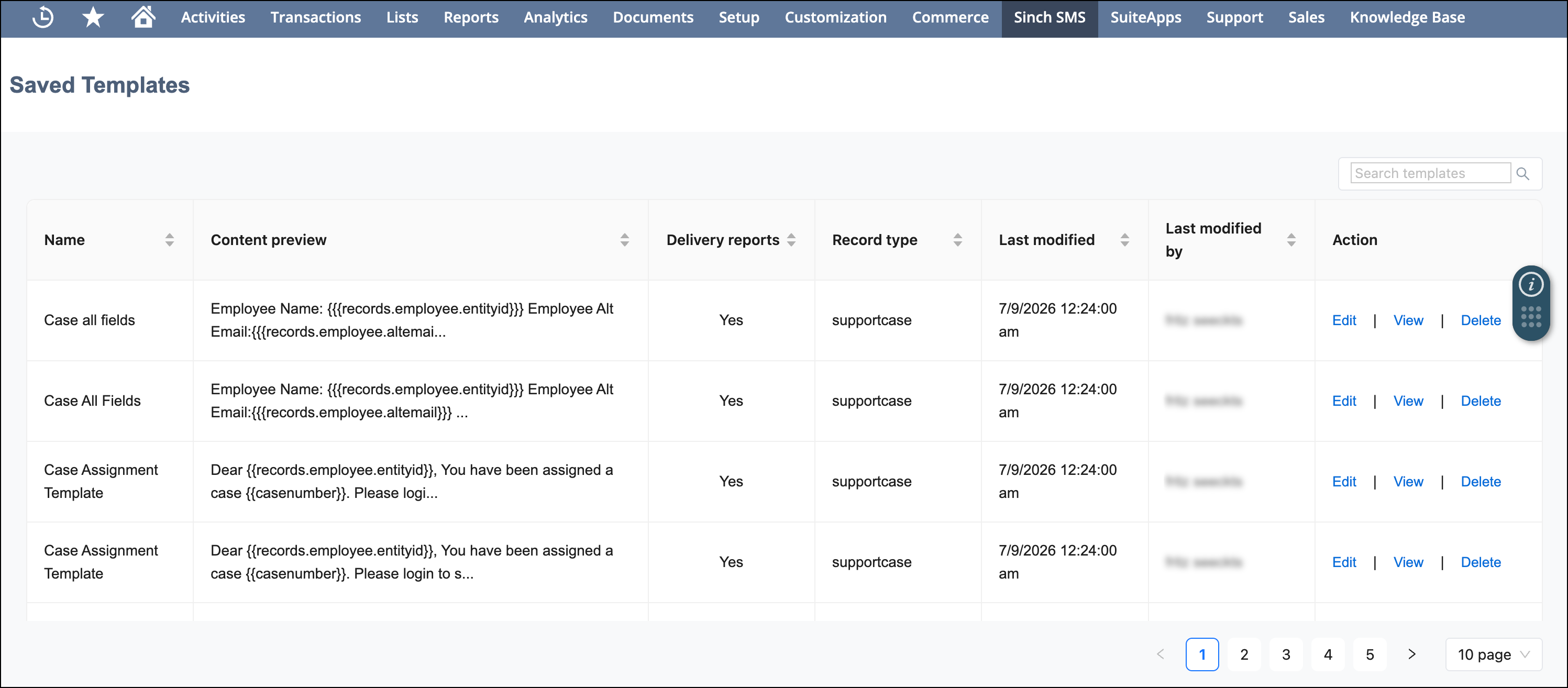 Sinch SMS saved templates.