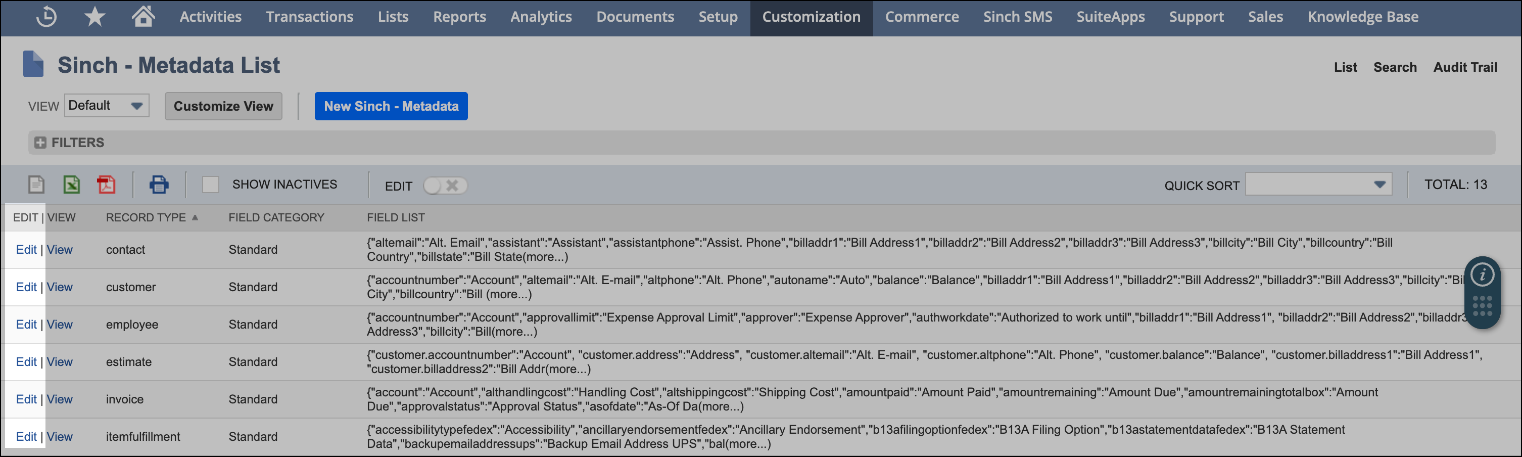Sinch Metadata List.