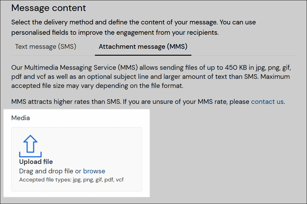 Upload file area showing supported file types for MMS