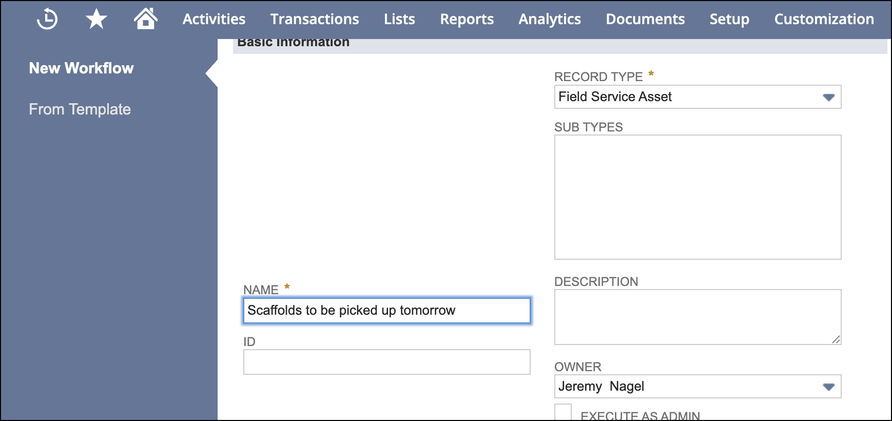 New workflow for Field Service Assets.
