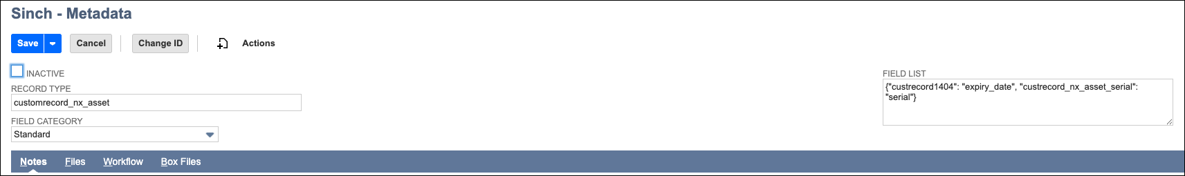 Sinch Metadata record - Field Service Asset.