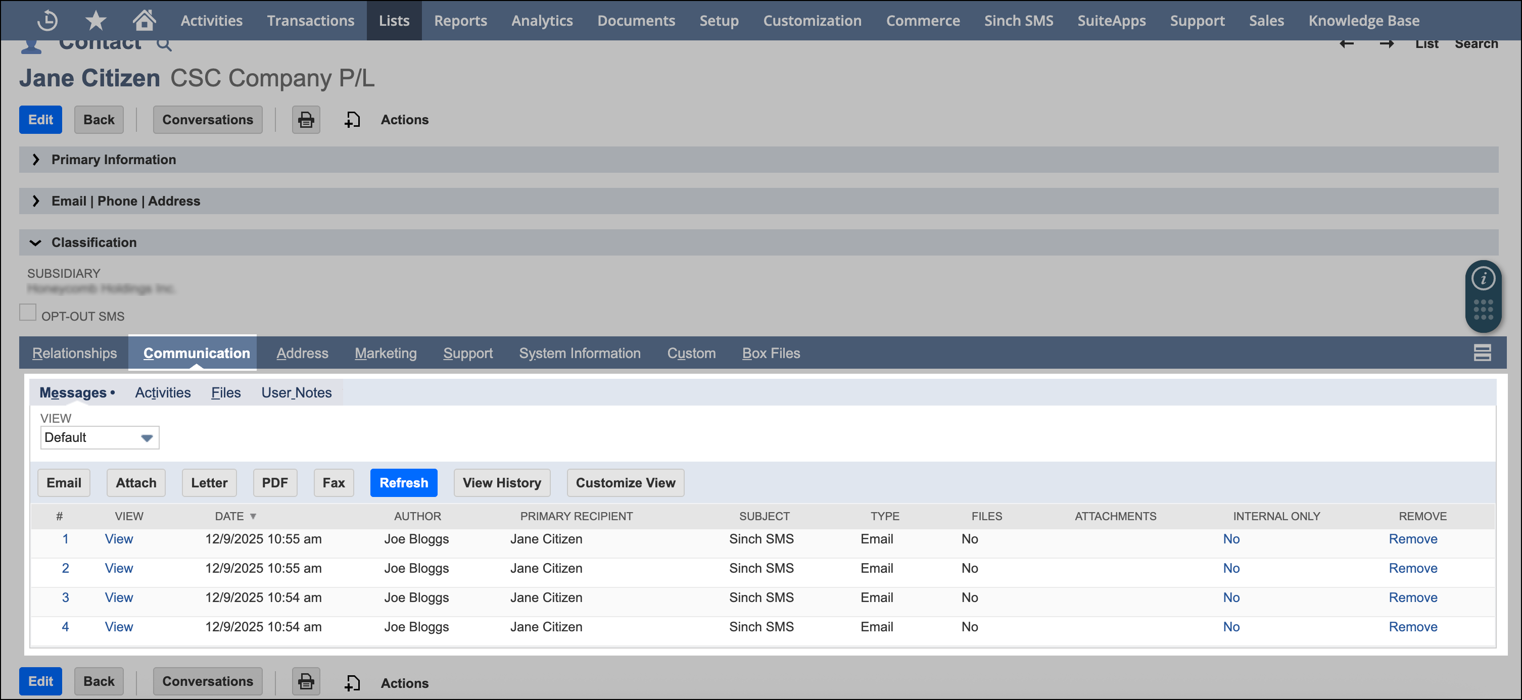 Message history for a contact record.