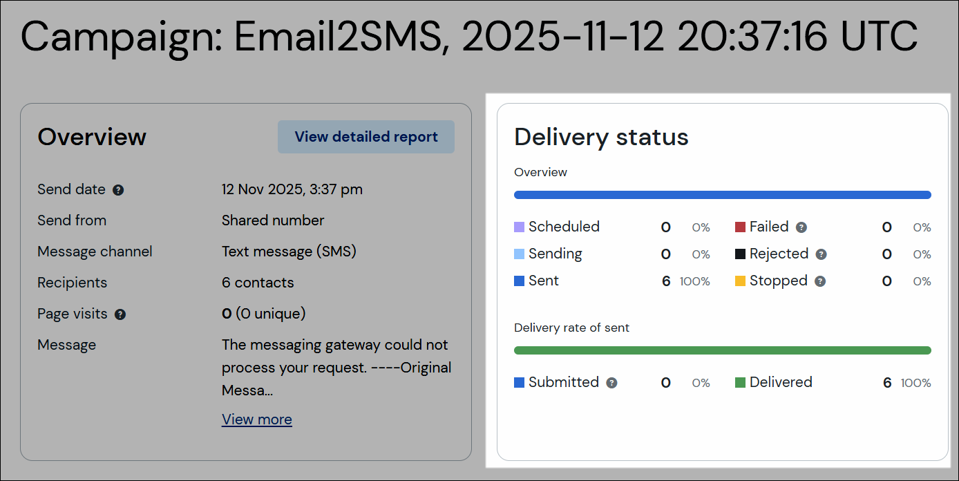 Campaign report showing Delivery status dashboard