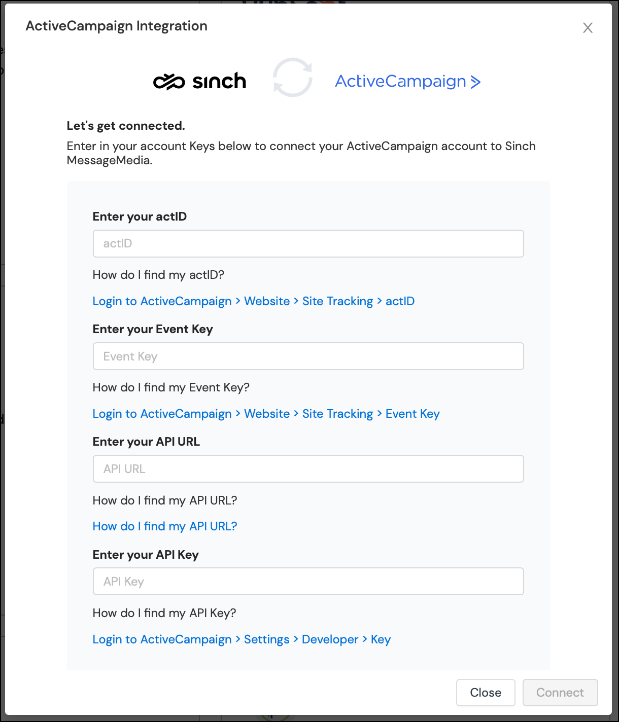 Enter information from ActiveCampaign portal.