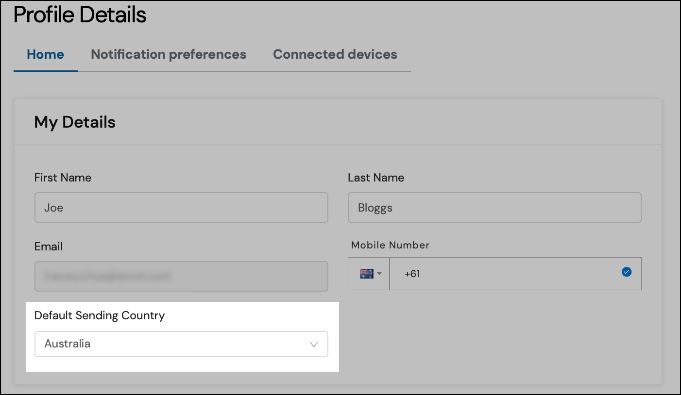 Default sending country in Sinch user profile.
