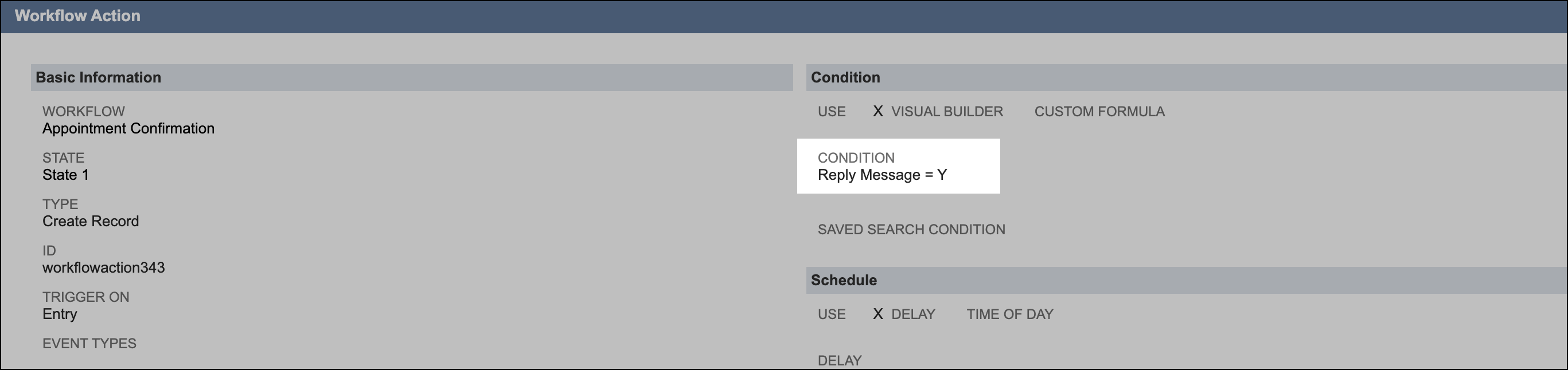 Workflow condition shows Reply Message Y.