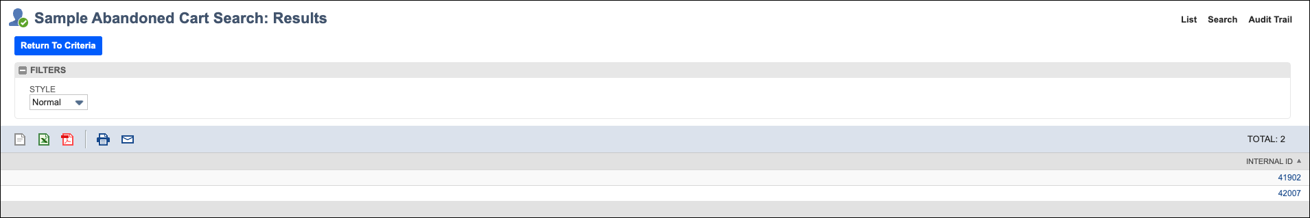 Saved abandoned cart search results example.
