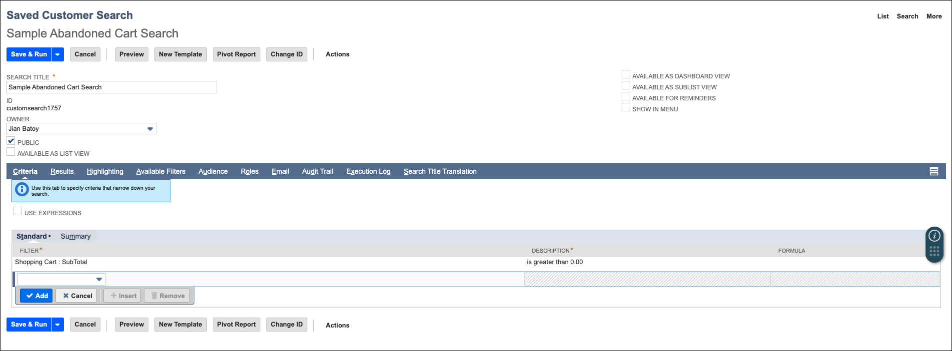 Saved customer search - abandoned cart message.