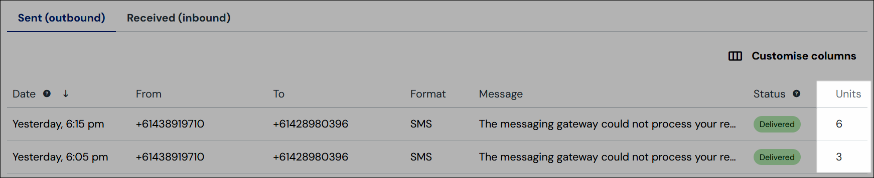 Units column screenshot
