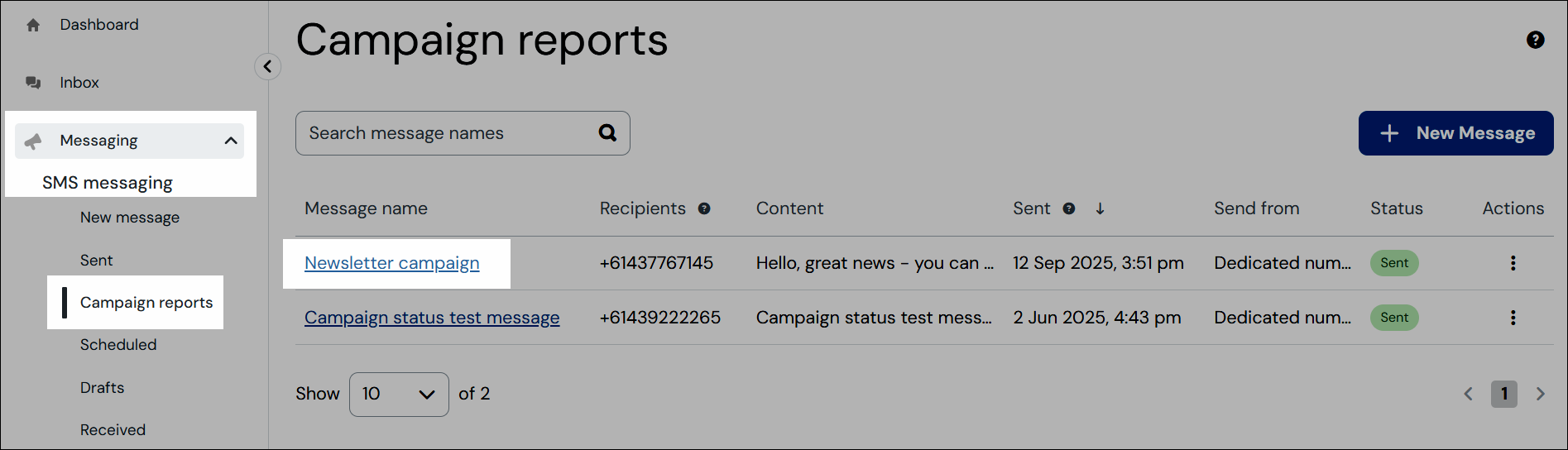 Campaign reports navigation screenshot.