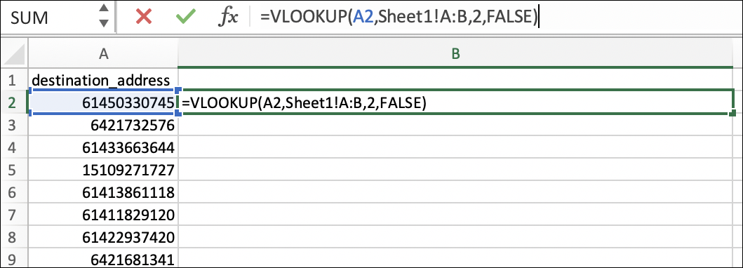 Vlookup formula screenshot