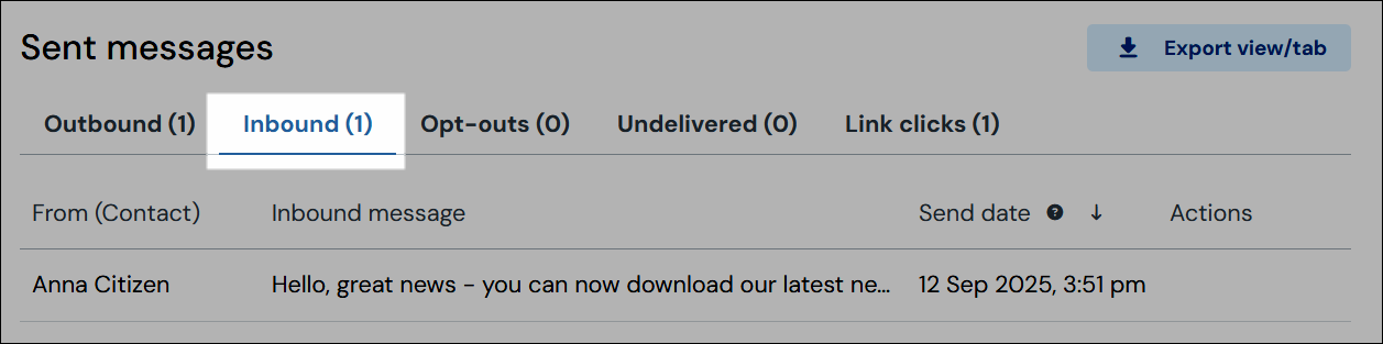 Inbound messages tab and export screenshot.