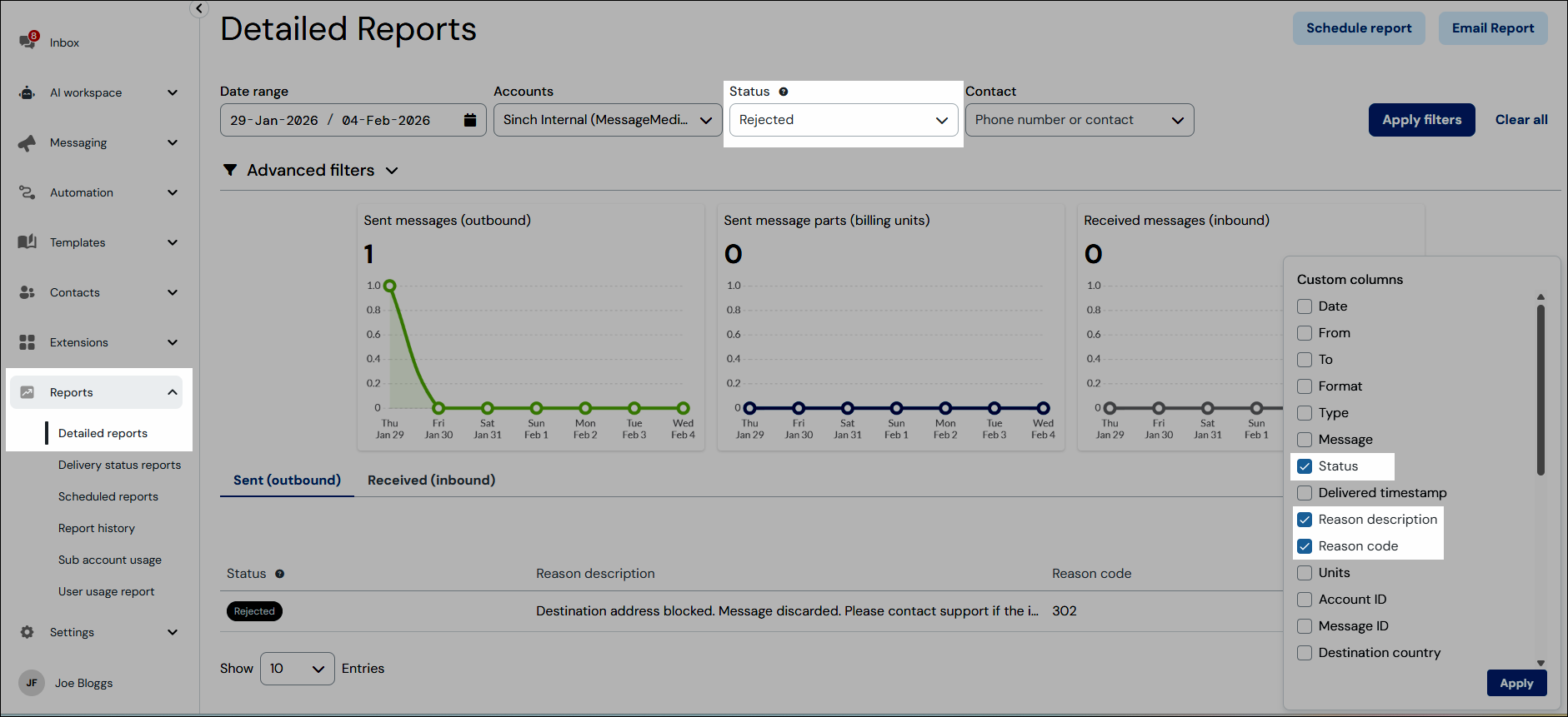 Reporting on rejected messages - navigation screenshot