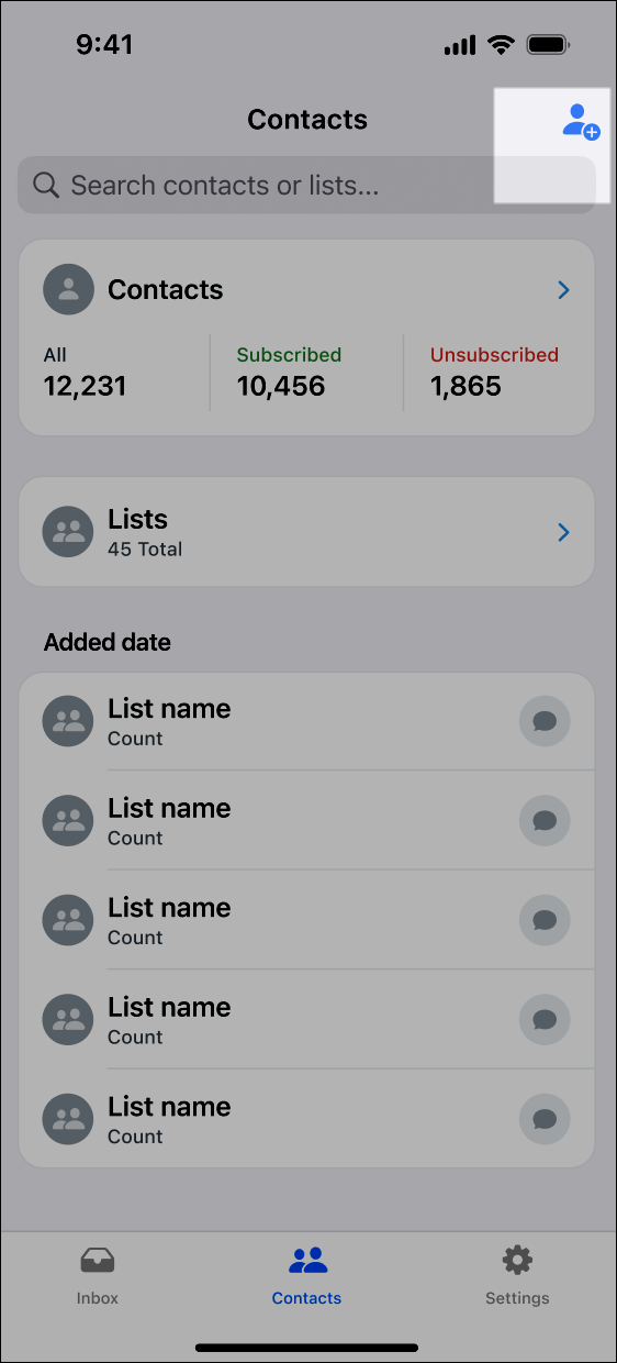New contact creation button screenshot.