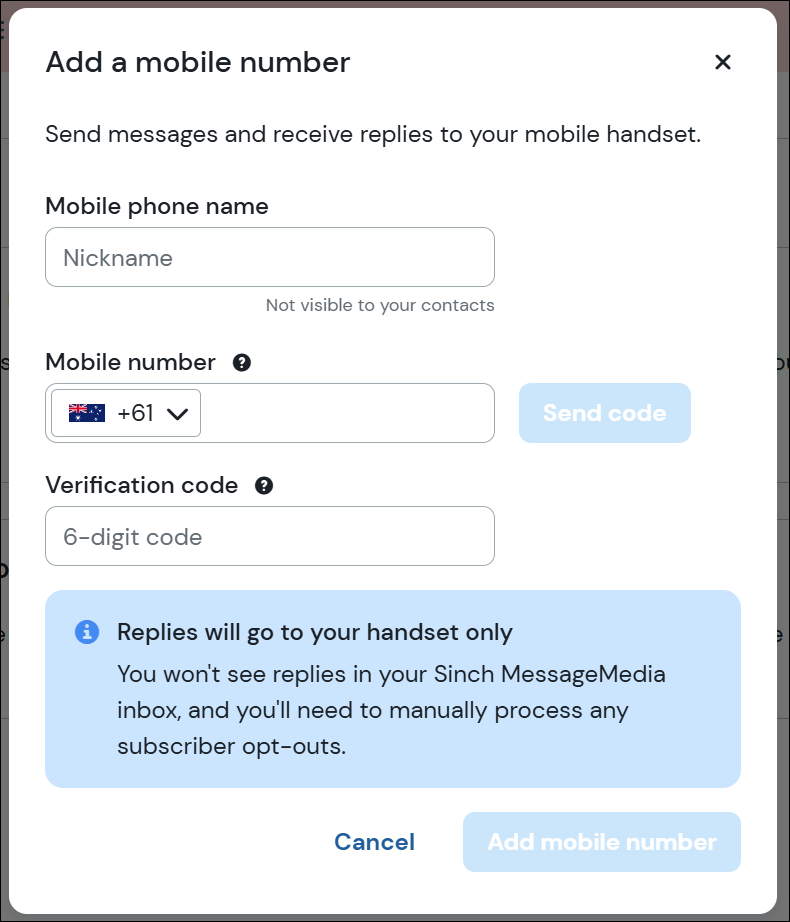 Add a mobile number verification modal screenshot