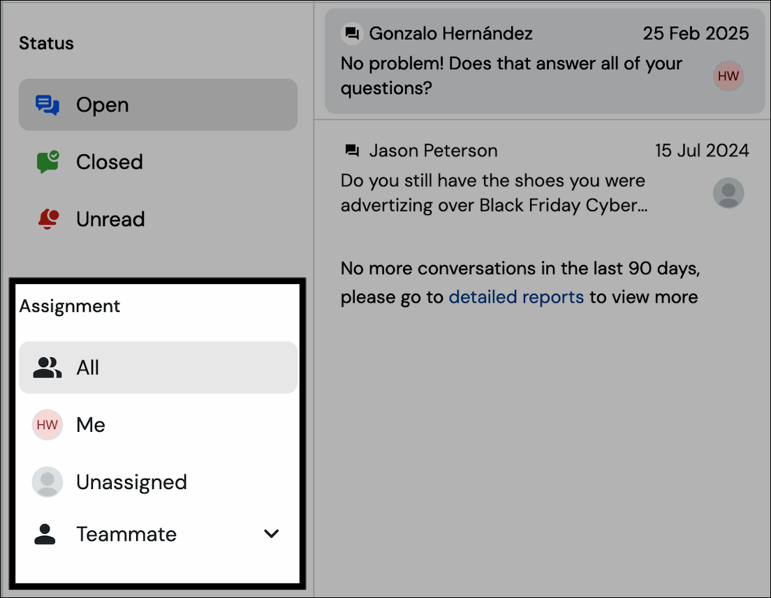 Assignment status filter screenshot