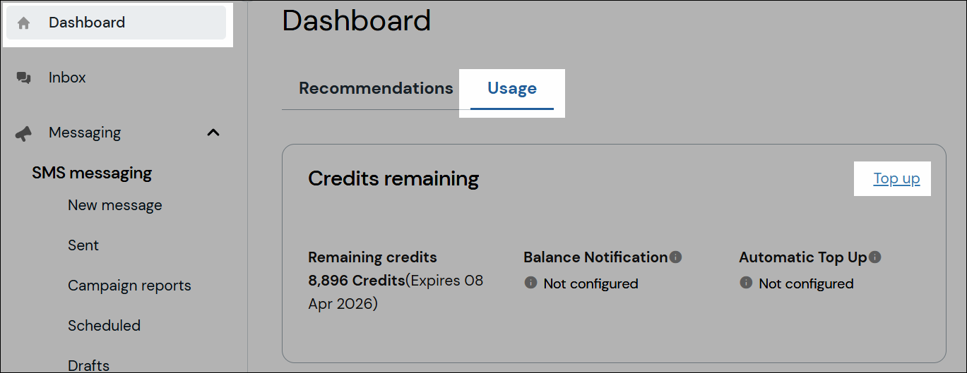 Top up from dashboard navigation screenshot.
