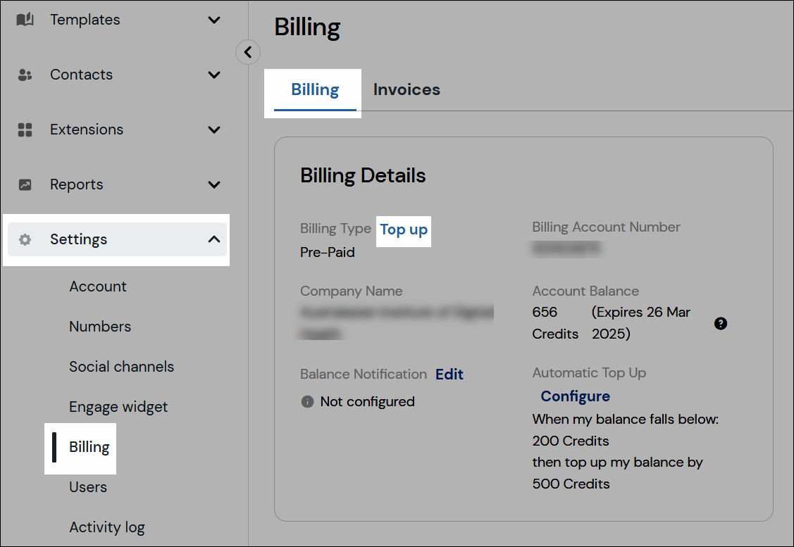Top up from billing page navigation screenshot.