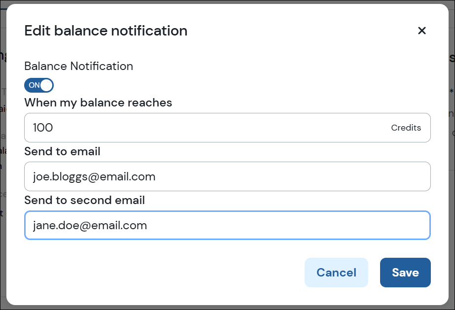 Balance notification modal screenshot.