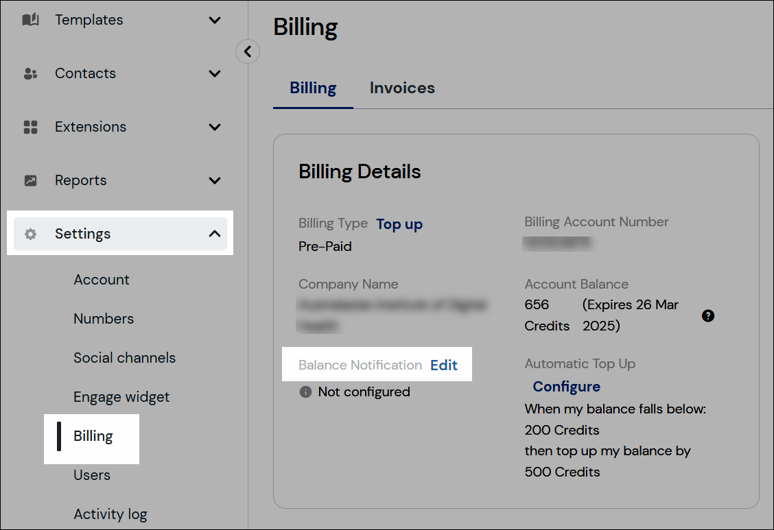 Balance notification navigation screenshot.
