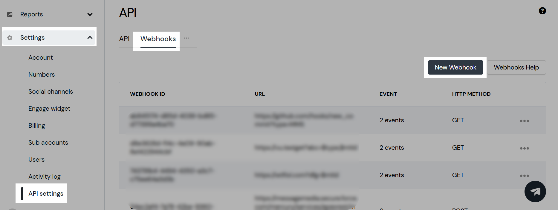 Webhooks navigation screenshot.