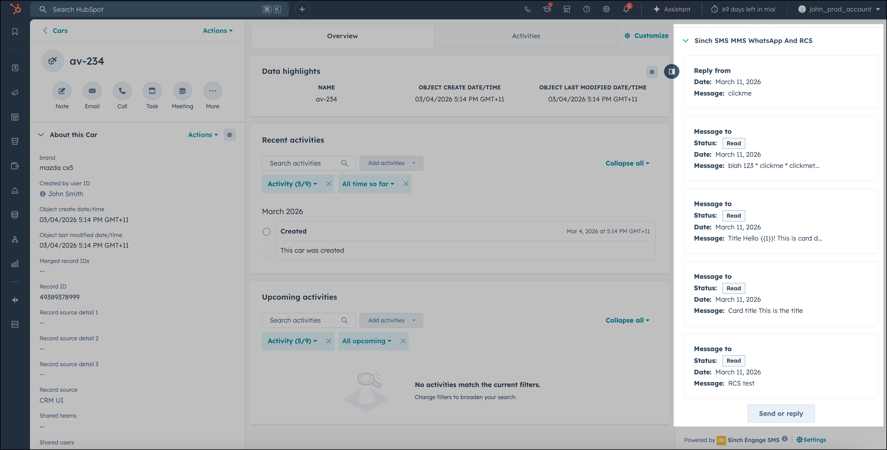 HubSpot Send or reply custom object.