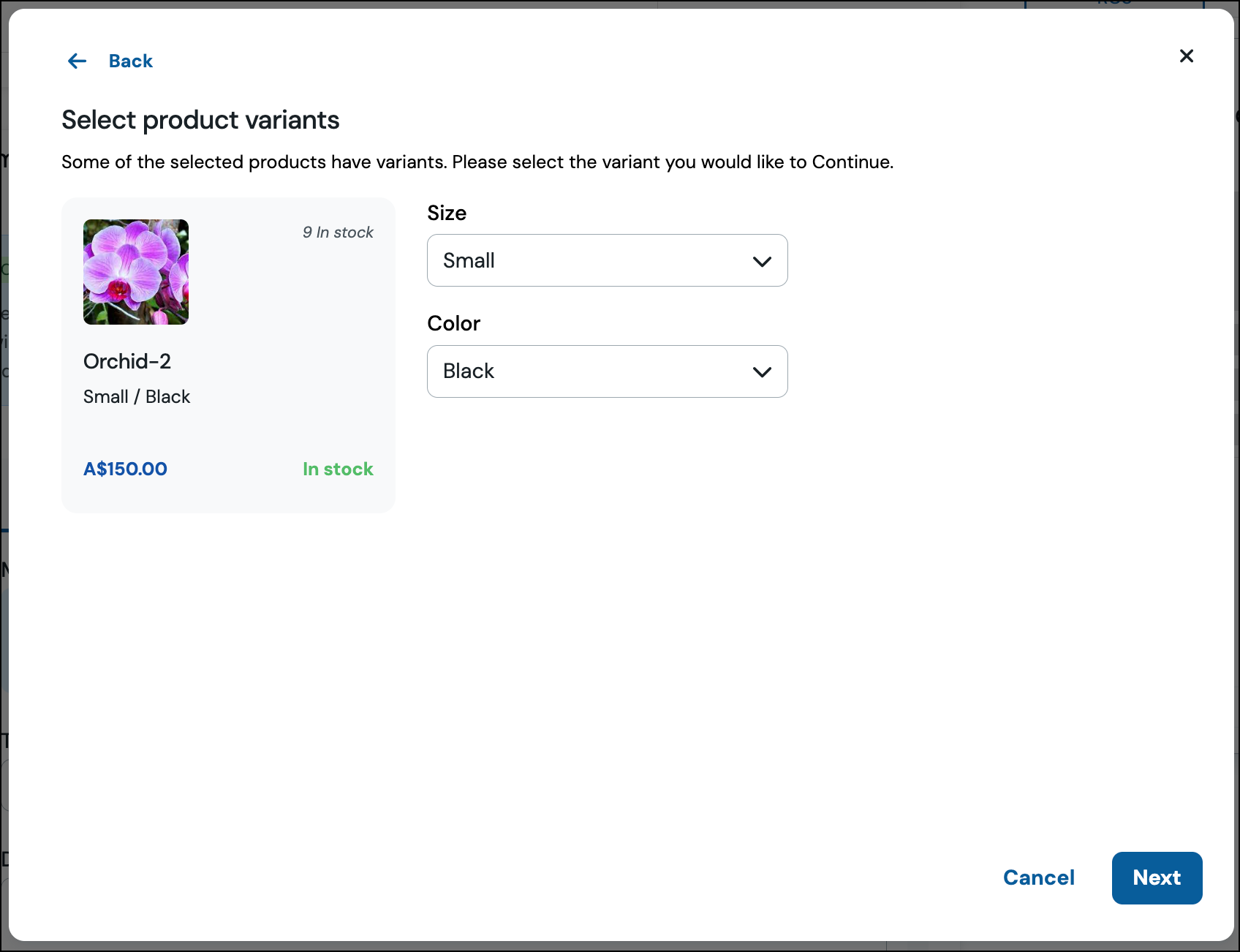 Ecommerce RCS Carousel product variant selection.