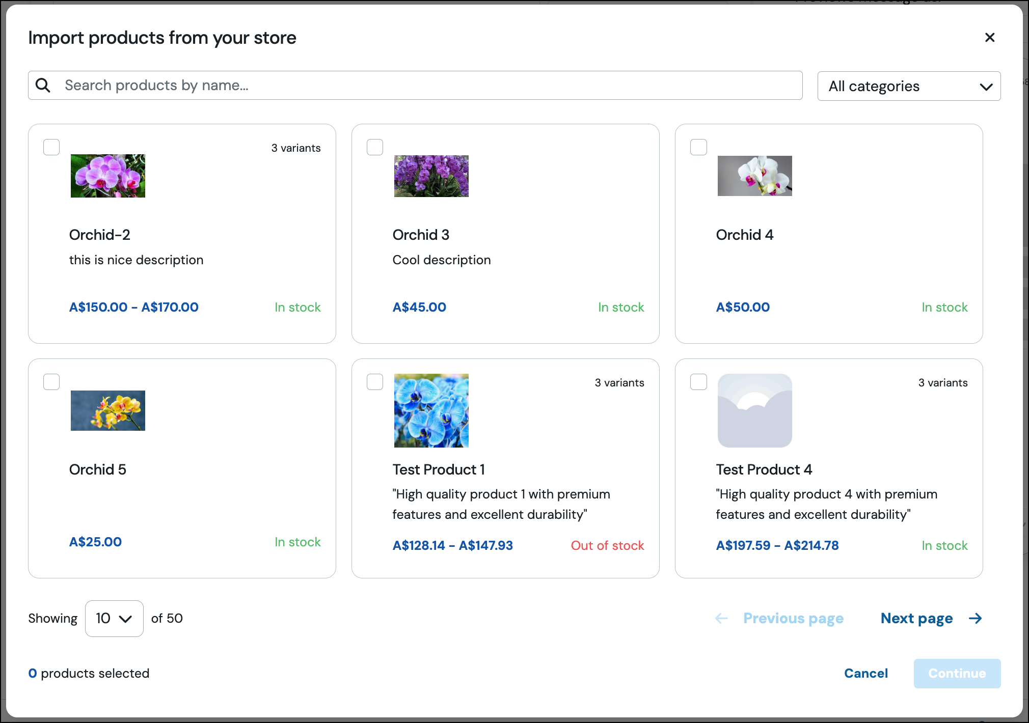 Ecommerce RCS Carousel import products from your store pop-up.