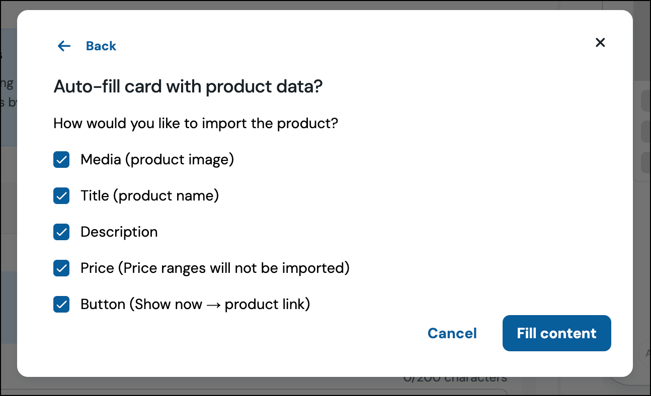 Ecommerce RCS Carousel product data auto-fill options.