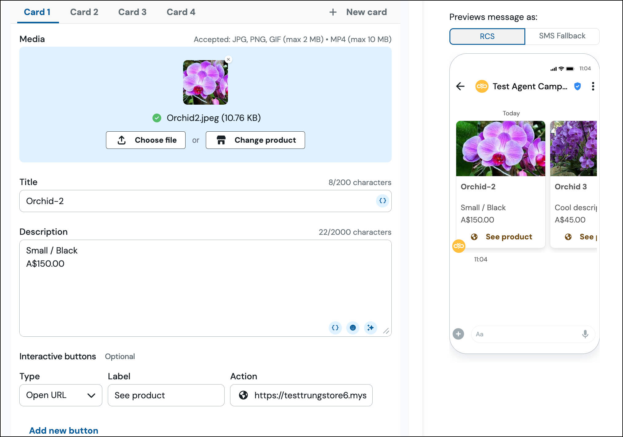 Ecommerce RCS Carousel product details and RCS preview.