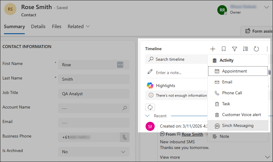 Contact Timeline - Sinch Messaging.