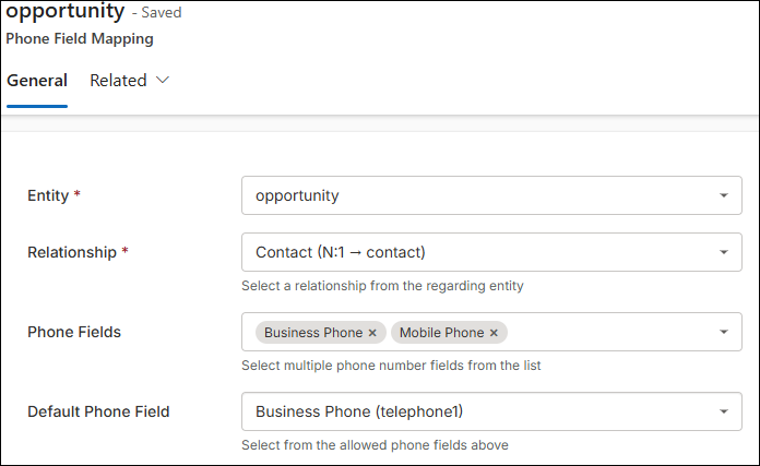 Sales 365 Phone Field Mapping.