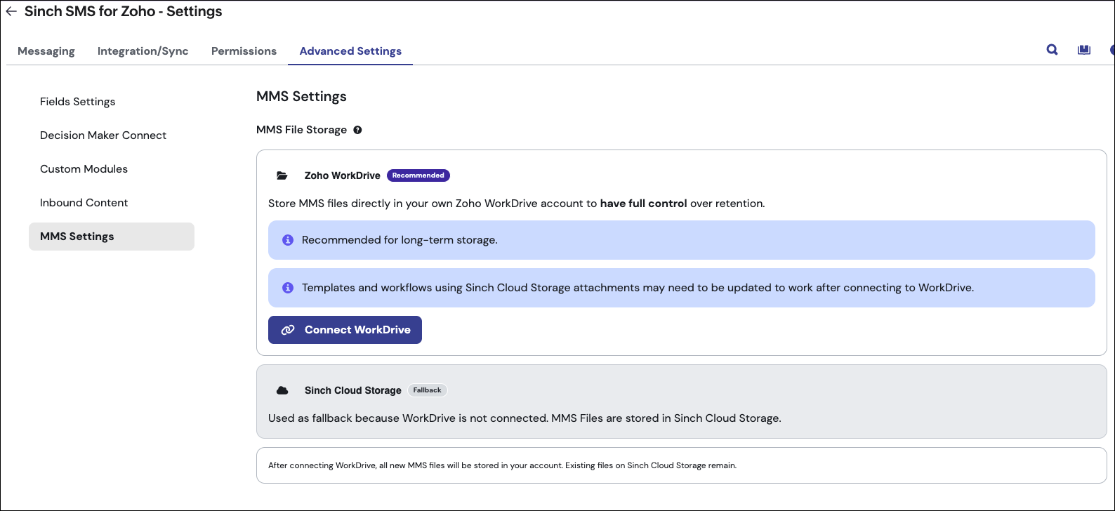 Zoho - WorkDrive settings.