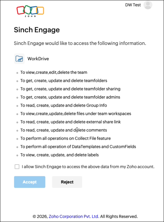 Engage WorkDrive authorize.